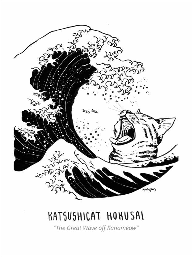 Póster Katsushicat Hokusai - The Great Wave off Kanameow