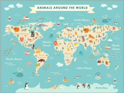 Póster Mapa do mundo com animais (inglês)