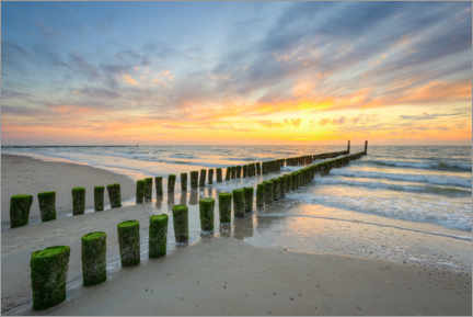 Póster Pôr do sol na praia do mar do Norte em Domburg