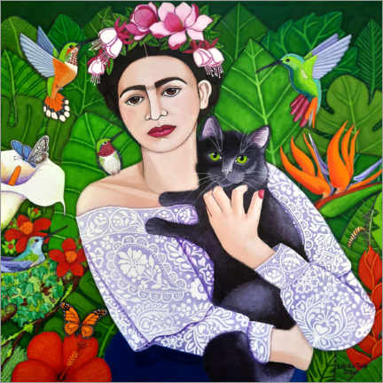 Quadro em acrílico  Frida Kahlo with black cat - Madalena Lobao-Tello