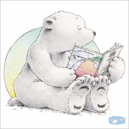 Quadro em plexi-alumínio  The little polar bear Lars is reading a book