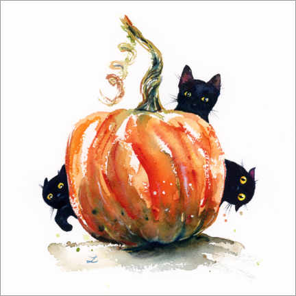Quadro de madeira  Three Black Kittens and Pumpkin - Zaira Dzhaubaeva
