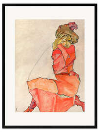 Impressão artística com moldura  Fêmea no Vestido Vermelho-Alaranjado - Egon Schiele