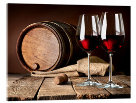 Quadro em acrílico  Barril e taças de vinho com vinho tinto