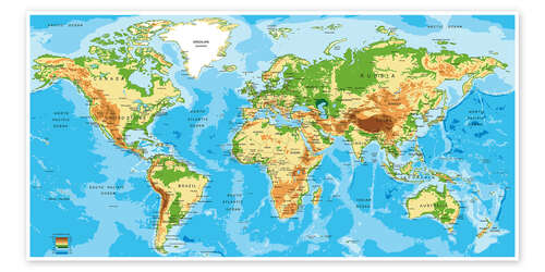 Póster Mundo: Mapa Físico (inglês)
